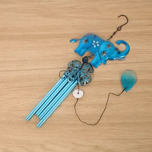 Blue metal elephant wind chime for garden and yard decor, metal tubes and hanging pendant.