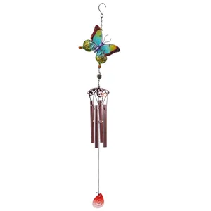Colorful glass butterfly metal wind chime detail hanging decor for indoor and outdoor garden.