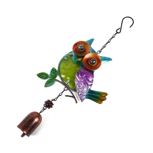 Metal owl wind chime with glass painted pendant, colorful garden hanging decor ornament detail.