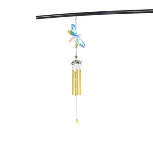 Exquisite dragonfly wind chime with colorful painted glass and golden metal tubes for home decor.