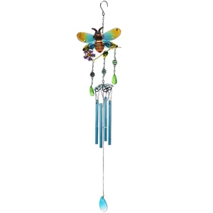 Decorative painted bee glass metal wind chime pendant for garden and home hanging display.