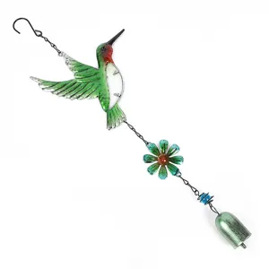 Carillon eolien en metal colibri avec verre peint pour decoration de jardin interieure et exterieure.