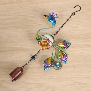 Carillon éolien paon en métal suspendu avec boule lumineuse et fleurs pour la déco jardin