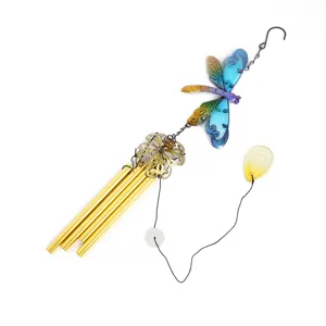 Colorful metal dragonfly wind chime with glass pendant for home garden hanging decor.
