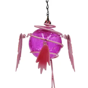 Pink crackle glass ball flamingo wind chime garden hanging ornament detail view design.
