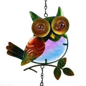 Decorative owl wind chime made of metal and colorful glass, perfect for garden and yard decor.