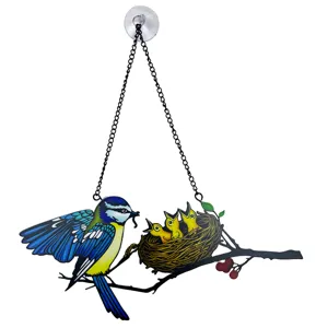 Coloured artistic metal bird hanging window decoration with suction cup and chains.