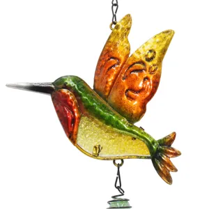 Metal hummingbird hanging pendant with painted wings and cracked glass body for decor.