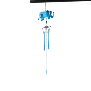 Blue elephant metal glass wind chime, painted hanging decor for garden balcony patio.