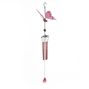 Detail view of a butterfly metal wind chime with pink acrylic panels and hanging copper tubes.