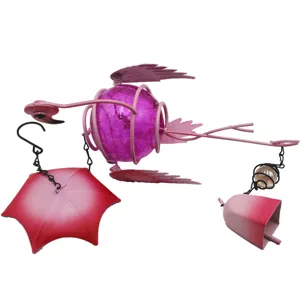 Flamingo wind chime metal garden hanging ornament with pink crackle glass ball and bell decor