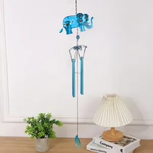 Blue metal elephant wind chime glass painted garden hanging ornament home decor patio yard art