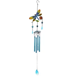 Metal dragonfly wind chime with blue glass tubes and crystal pendant for garden outdoor decor.