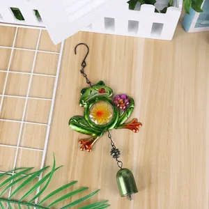 Metal frog wind chime with colorful glass painted hanging ornament for garden and balcony decor.