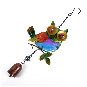 Colorful metal glass owl wind chime hanging ornament for indoor garden and yard decor.