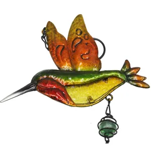 Metal hummingbird hanging ornament, colorful iron art glass wind chime for home wall decor.