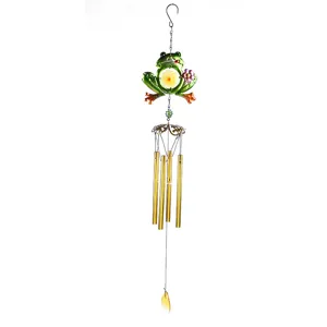 Frog metal wind chime with colorful glass painted hanging ornament for courtyard balcony decoration