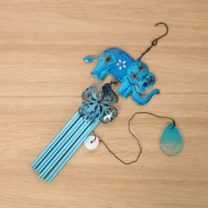 Blue elephant wind chime metal glass hanging ornament for garden balcony decor outdoor.