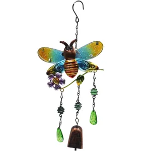 Decorative garden metal hanging wind chime with colorful wings and bell pendant for outdoor yard.