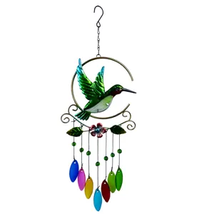 Hummingbird metal wind chime with colorful glass pendants, creative iron craft hanging decor.