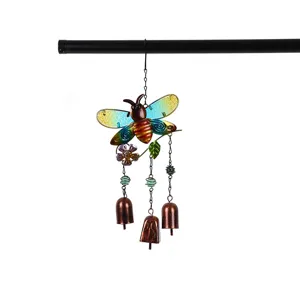 Carillon de vent abeille en métal et verre coloré suspension pour jardin et terrasse.