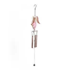 Metal angel wind chime with pink accent and hanging tubes, perfect for garden outdoor decor.