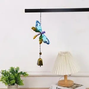 Colorful metal glass dragonfly wind chime hanging ornament for home decor, beautiful garden gift.