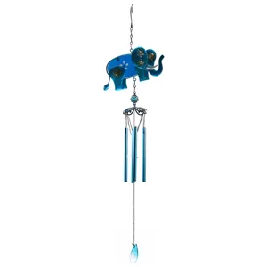 Blue metal elephant wind chime detail, glass painted hanging garden decor ornament.