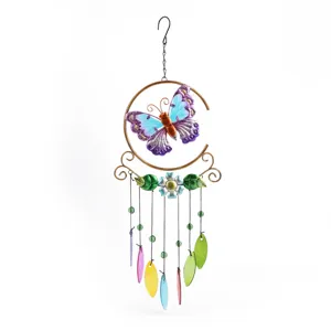 Metal butterfly wind chime with colorful glass pendants for garden and home decor hanging.