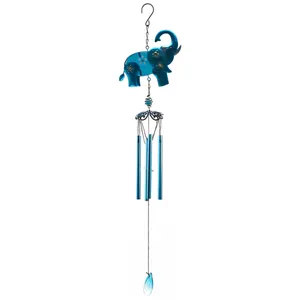 Blue elephant metal wind chime detail showing painted glass body and hanging metal tubes clearly.