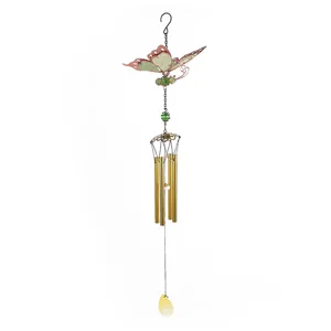 Detail view of a luminous butterfly wind chime with glowing acrylic and metal tubes.