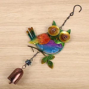 Owl wind chime metal glass painted hanging decor detail view for garden patio yard ornament