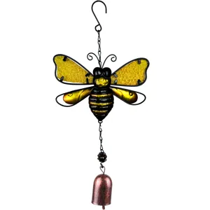 Close-up detail of the metal bee wind chime, showing colored glass wings and hanging bell.