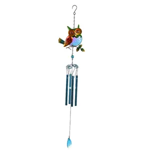 Charming metal and glass owl wind chime detail, perfect decorative hanging ornament for garden and yard.