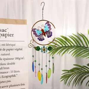 Metal butterfly wind chime with colorful glass pendants for home and garden hanging decoration.