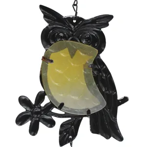 Metal owl wind chime hanging ornament with stained glass belly for courtyard home decor.