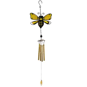 Metal bee wind chime with stained glass wings, beautiful hanging ornament for garden and home.