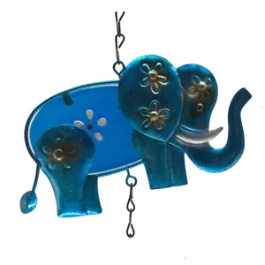 Blue metal glass elephant wind chime hanging ornament for garden yard patio decor