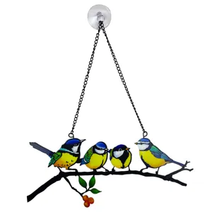 Colorful metal bird window hanging with 4 birds, chain and suction cup for home decor.
