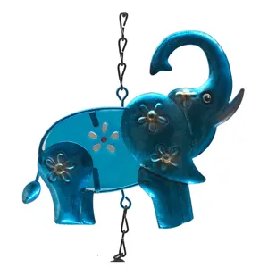 Blue metal elephant wind chime garden hanging decor with glass accents for outdoor patio.
