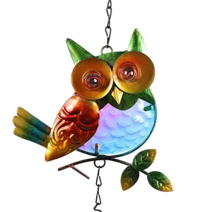 Metal owl wind chime with colorful glass for garden and yard outdoor hanging decoration.