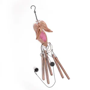 Metal angel wind chime garden hanging decor with copper finish and soothing sound tubes.