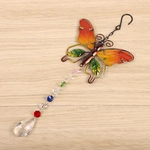 Crystal butterfly sun catcher hanging pendant with colorful beads for garden decoration.