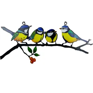 Colorful metal four birds on branch hanging window art decoration for home interior display