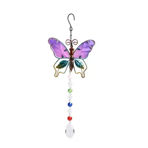 Crystal butterfly suncatcher detail view, hanging wind chime pendant for garden and room decor.