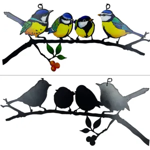 Detailed view of the metal stained glass bird hanging ornament showing colorful front and silhouette.