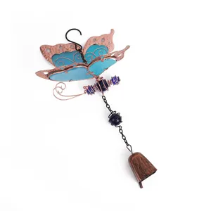 Butterfly wind chime hanging ornament with blue acrylic wings, copper wire and decorative bell.