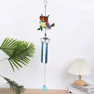 Handcrafted Metal and Glass Owl Wind Chime, Colorful Garden Hanging Decor Details.