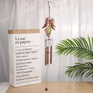 Metal wind chime hanging ornament, garden fairy decor with glowing green piece for yard.
