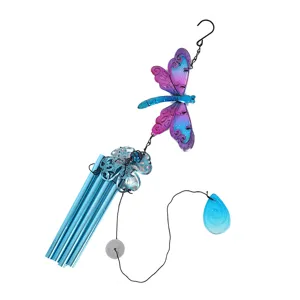 Dragonfly metal wind chime detail view, hanging decor for garden, patio and home.